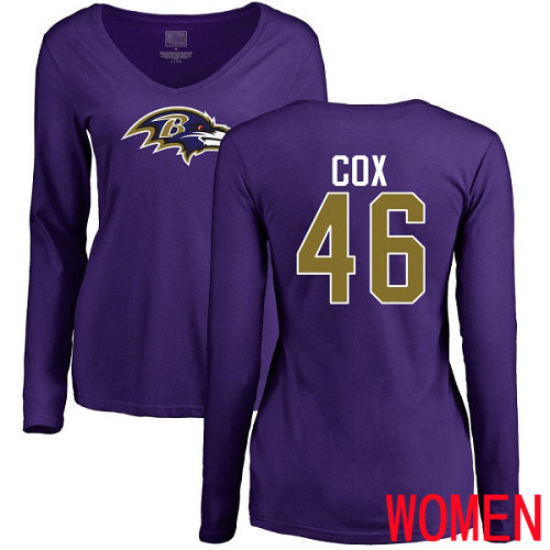 Baltimore Ravens Purple Women Morgan Cox Name and Number Logo NFL Football #46 Long Sleeve T Shirt